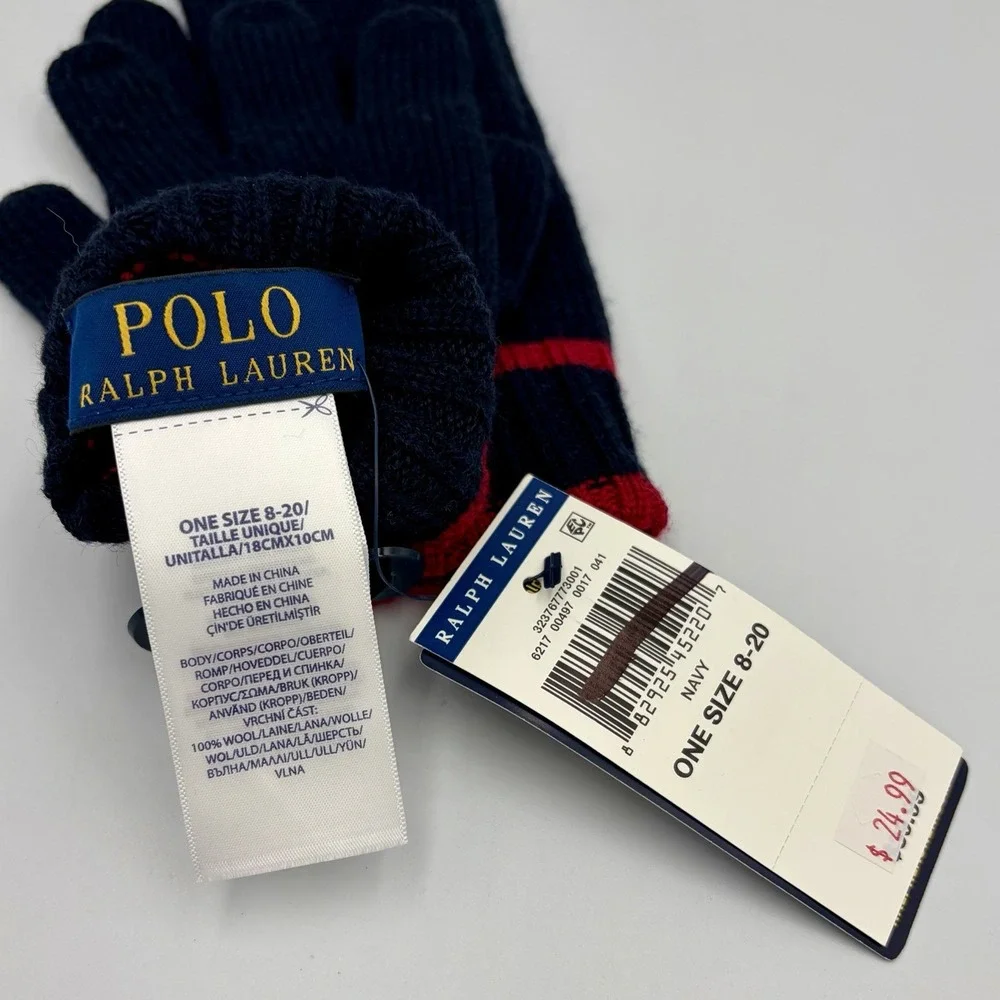 New Polo Ralph Lauren 100% Wool Kid's Gloves Size 8-20 Navy Blue Red